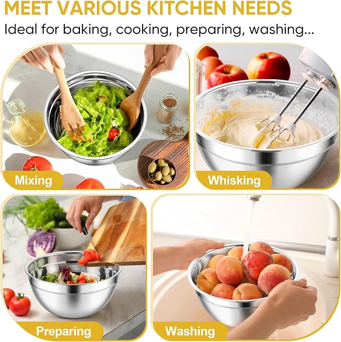 TeamFar Mixing Bowls, 3PCS Stainless Steel Serving Salad Bowls | with Lids & 3 Graters for Kitchen Mixing/Baking/Storing/Prepping, Visible & Airtight, Easy Clean - 4.5/3/1.5 QT, Multi-color
