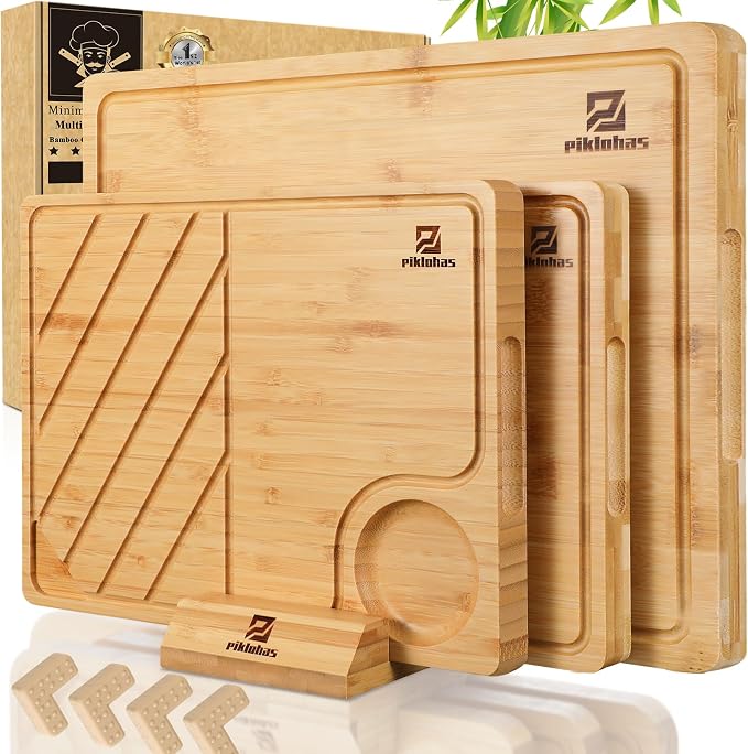 Bamboo Cutting Boards Set of 4 for Kitchen with Wood Storage Stand | Premium Chopping & Charcuterie Board with Juice Groove, Non Slip Feet and Easy-Grip Handles, Steak Serving Tray, Gift Box