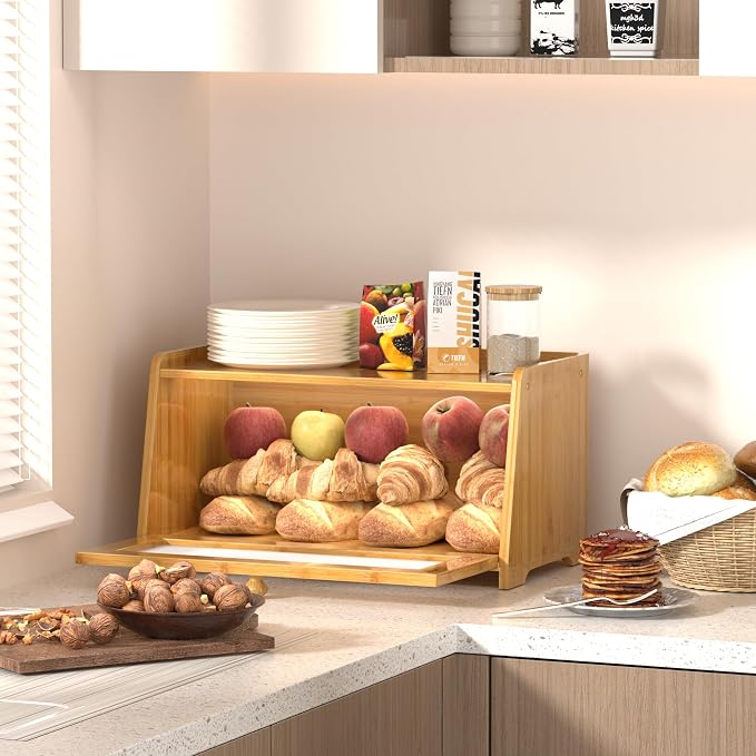 Bread Box for Kitchen Countertop, Vintage Wooden Counter Breadbox, Bamboo Bread Storage Container Bin for Homemade Bread, Small Farmhouse Corner Breadbox Organizer with Acrylic Window, Natural