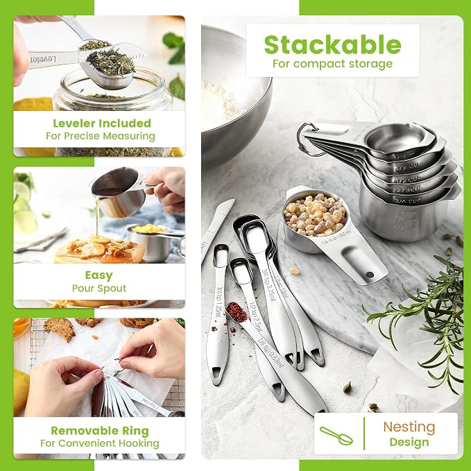 Spring Chef Stainless Steel Measuring Cups and Spoons Set of 14 w/Leveler | Nesting Metal Measuring Cups for Kitchen & Rectangular Teaspoon & Tablespoon Measuring Spoons for Dry and Liquid Ingredients