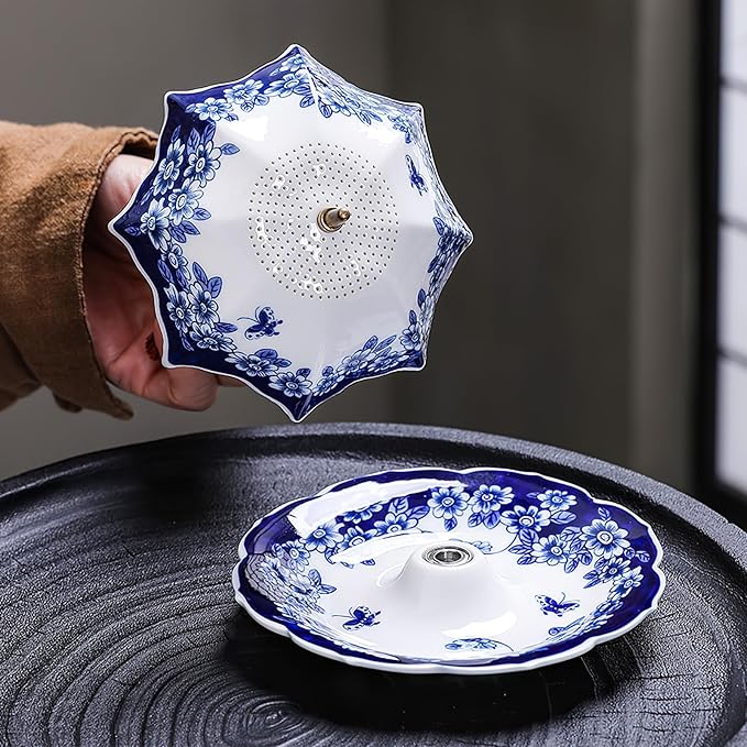 Umbrella Shape Ceramic Tea Strainer - Chinese Blue & White Porcelain Loose Leaf Filter with Rotating Design, Multi-Purpose Tea Infuser for Kung Fu/Coffee/Brewing (Bule)