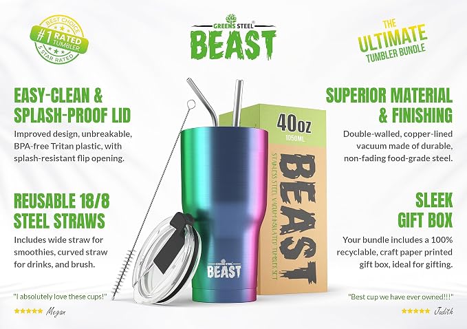 Beast 40 oz tumbler - Vacuum Insulated Tumbler with Straw - Leak Proof Stainless Steel Travel Mug - Double Wall Iced Coffee Cup - Reusable Water Bottle - Gifts for Mom, Women and Men (Rainbow)
