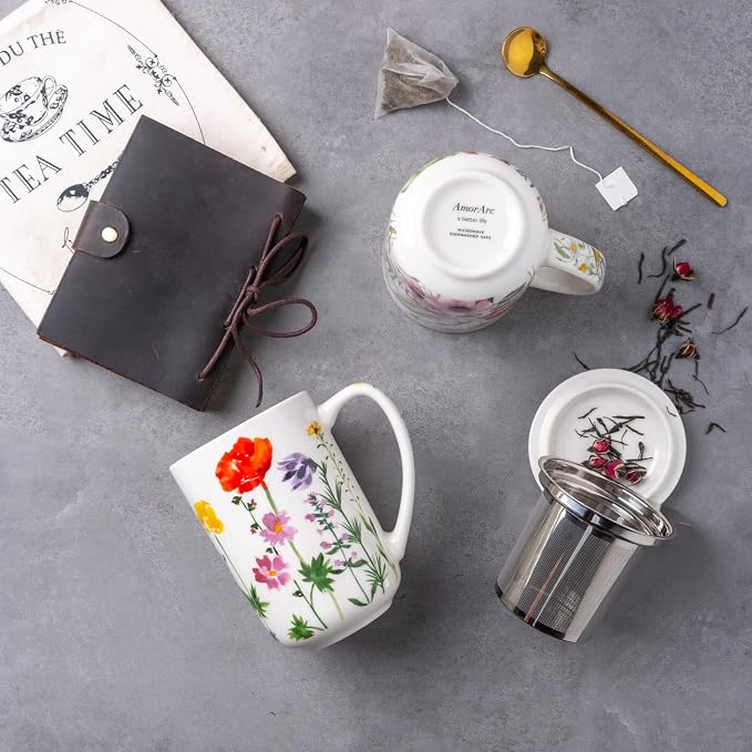 AmorArc Tea Cup With Infuser and Lid, 18oz Loose Leaf Tea Mug With Steeper | Porcelain Tea Mug With Infuser and Lid, Large Strainer Tea Cup with Lid for Tea, Coffee Mug for House-warming Birthday Gift