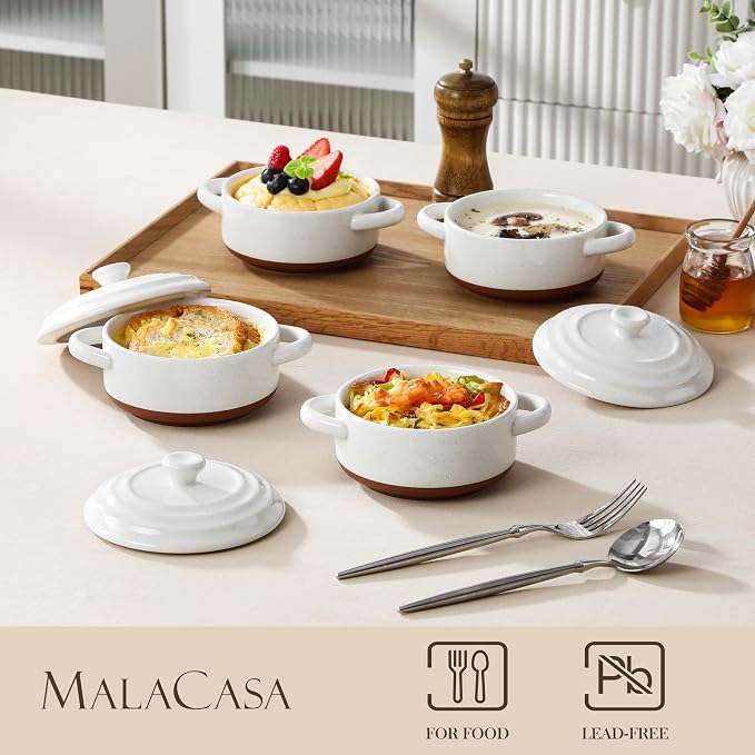 MALACASA 12 OZ Mini Dutch Oven Set, Small Cocotte Set of 4, Ceramic | Ramekins with Handles, Single Serving, Small Casserole Dishes for Oven, Soufflé, French Onion Soup, Oven Safe, Khaki White