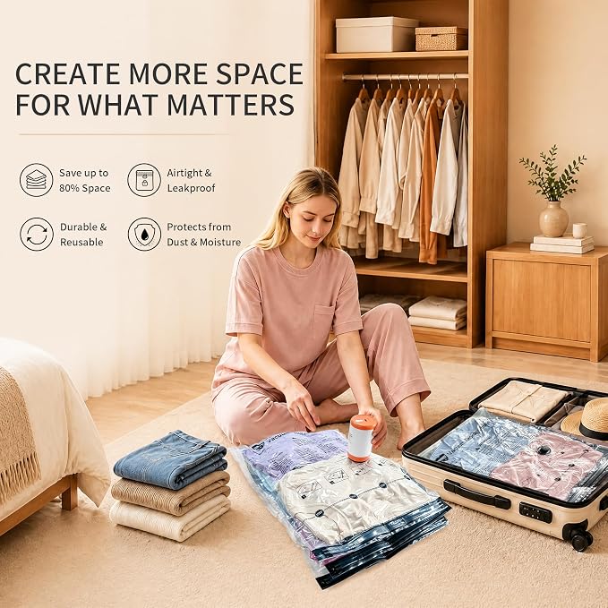 GONGSHI Vacuum Seal Bags for Clothing Travel & Home Storage, Travel Vacuum Bags with Electric Pump,Space Saver for Blankets, Comforters, Pillows, Clothes,32 Combo