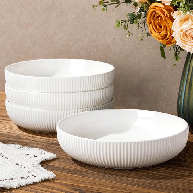 8.5" Ceramic Pasta Bowls Set of 4, Salad Bowls | Versatile Serving Bowls for Pasta, Salad, Fruit & Noodles, Housewarming & Wedding Gift, Bright White