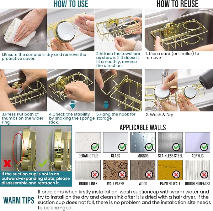 TAILI 4-in-1 Sink Sponge Holder for Kitchen with Strong Suction Cup-Gold | Removable Sink Caddy with Suction Cup, Rustproof 304 Stainless Steel Multi-compartment Sink Organizer for Sponge, Brushes