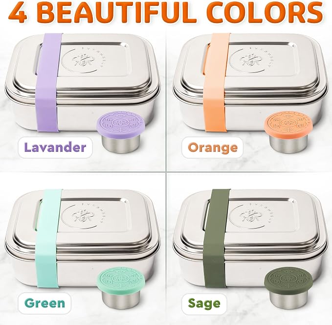 Stainless Steel Bento Box + Condiment Container - Orange, 27oz / 0.8 L | Everusely metal lunch box, leakproof sauce container, 3 compartment snack organizer for travel, freezer & dishwasher safe