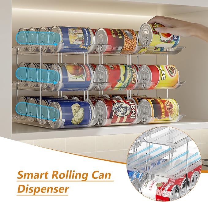 LXLXXL Can Organizer for Pantry Canned Food Storage Goods Holders 3 Tier | Automatic Rolling, Clear Acrylic Can Storage Rack, Sturdy and Stackable Shelf, for Fridge Cabinet Pantry Kitchen Organizer