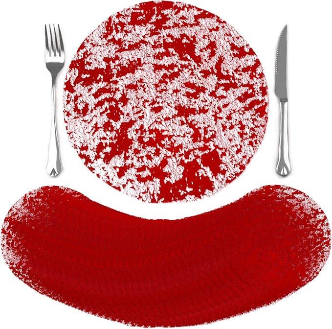 comfoyar Disposable Red Placemats Set of 50, Metallic Round 13 Inch Foil Mesh Pressed Doilies Place Mats, Table Mats for Dining Party Weddings Birthday Holiday Kitchen Home, Tableware Decoration