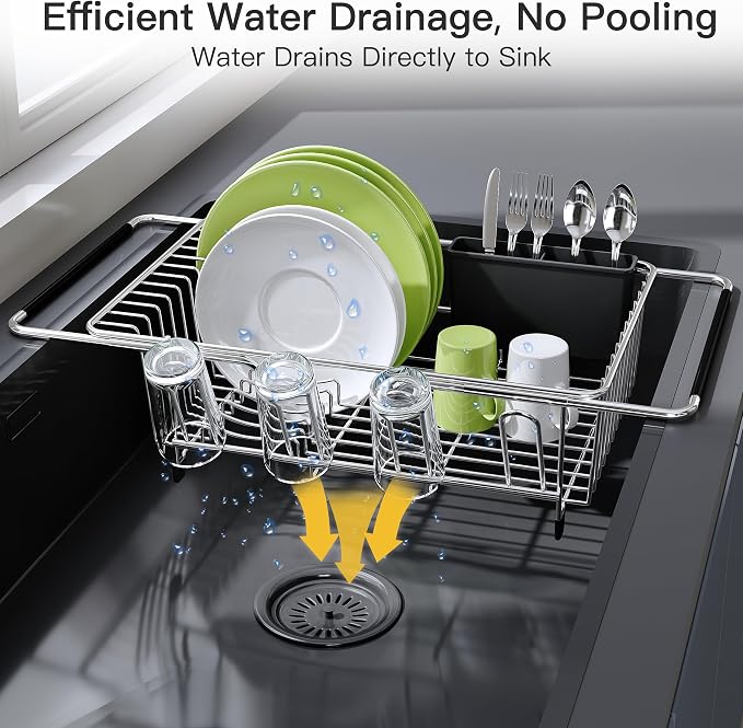 JASIWAY in Sink Dish Drying Rack with Mat, Cups and Utensil Holder | Use Over the Sink or Counter, Stainless Steel Expandable Dish Drainer for Small Kitchen, Space Saving, Fast Drain, Rustproof