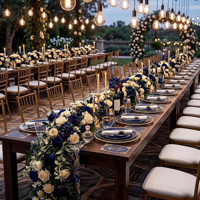 KIRE 175Pcs Blue Plastic Plates - Navy Blue Plates Disposable - 25 for Dinner 25 for Dessert 25 Pre Rolled Napkins with Gold Plastic Silverware and 25 Cups for 4th of July/Wedding/Party