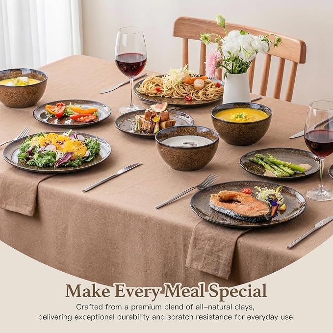 Plates and Bowls Sets, 12 Pieces Dark Blue Dinnerware Sets for Kitchen, Reactive Glaze Dishes Set for 4, Dishwasher and Microwave Safe, Series Starflecked Shore(Brown)