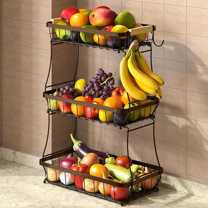 3-Tier Fruit Basket with Banana Hangers, Detachable Metal Bowl | Wooden handle, protective mats included. Versatile holder for bread, snacks, and veggies. Large 3 tier metal design.