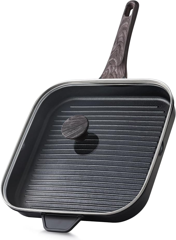 SENSARTE Nonstick Grill Pan with Lid, Grill Pan for Stove Tops, Versatile Griddle with Pour Spouts, Square Big Cooking Surface, Durable Skillet Indoor & Outdoor Grilling. PFOA Free