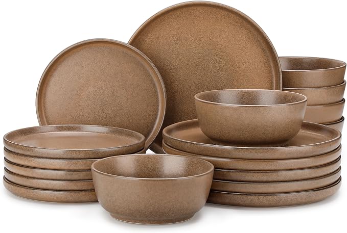 vancasso ZERMATT 18 Pieces Stoneware Dinnerware, Plates and Bowls Set for 6 | Dinnerware Set for 6 in Muted Brown Reactive Glaze Stoneware, Kitchen Dinner Set, Microwave and Dishwasher Safe