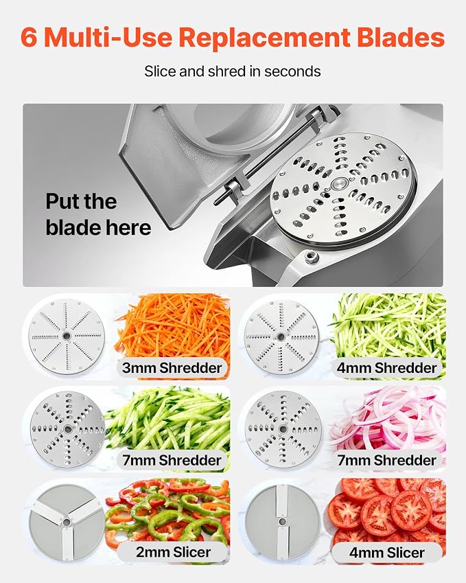 VEVOR Commercial Food Processor 550W Electric Vegetable Slicer 6 Blades | 2 Feeding Holes, 1600 RPM Stainless Steel Vegetable Processor, Interchangeable Blade, 3mm/4mm/7mm Shred and 2mm/4mm Slice