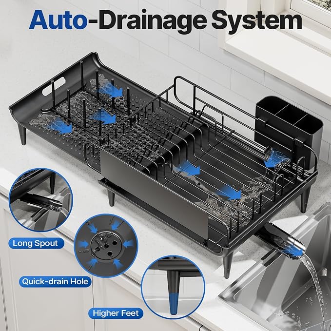Urackify Expandable Dish Drying Rack with Drainboard for Kitchen Counter | Expands from 16.9 to 26.6 inches to fit more dishes, plates with fast drainage and flexible placement for any sink
