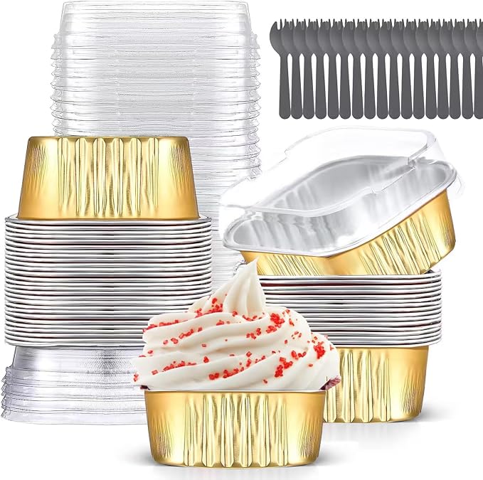 10oz Mini Cake Pans with Lids (40 Pack) Aluminum Foil Square Cupcake Liners Brownie Baking Cups,Disposable 4”x4” Large Cupcake Pan,Jumbo Muffin Tin Ramekins Holders