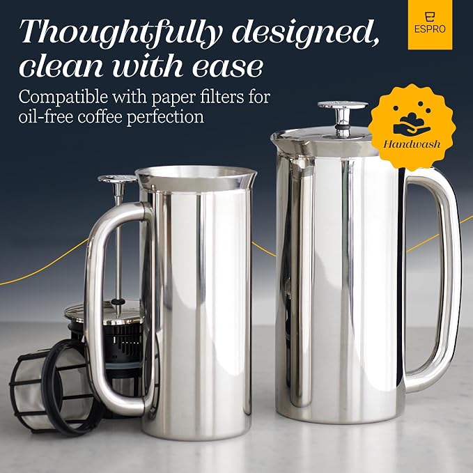 ESPRO P7 French Press, 18oz, Polished, Stainless Steel Coffee Maker | Double Filter Coffee Press, Grit-Free Coffee, Heat Resistant Insulated tea Press, Easy Hot and Cold Coffee Brewer, Tea Brewer