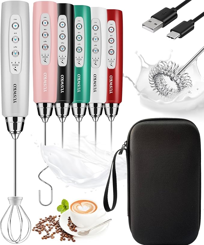 YUSWKO Handheld Milk Frother Wand for Coffee, Rechargeable Electric Whisk with 3 Heads 3 Speeds Drink Mixer Coffee Frother For Latte, Cappuccino, Hot Chocolate, Egg, Silver with Bag