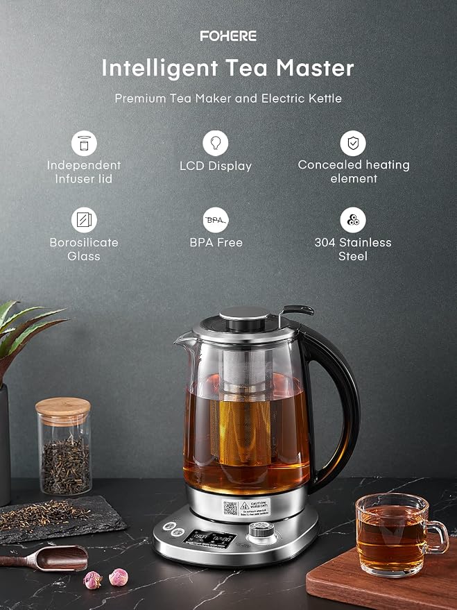 Electric Tea Kettle, 9 Temperature Control Presets Glass Kettle, 1200W Tea Pot with Removable Infuser, 2 Hours Keep Warm, 1.7 Liter Electric Kettles, Borosilicate Glass & Stainless Steel