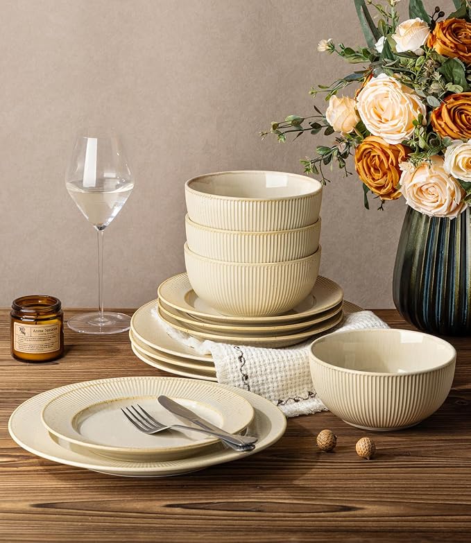 Ceramic Dinnerware Set for 4, 12-Piece Plates and Bowls Set | Lightweight Porcelain Dish Set, Scratch Resistant, Oven & Microwave & Dishwasher Safe, Cream Latte