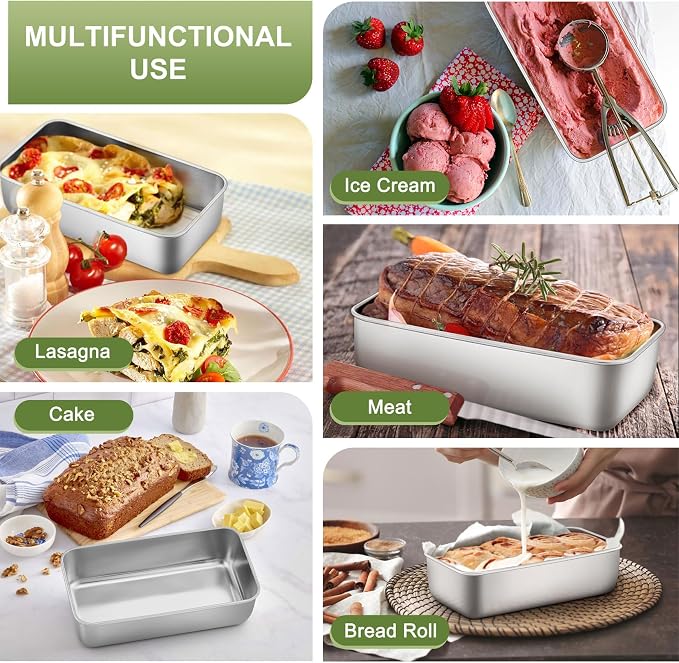 P&P CHEF Loaf Pan, 9 x 5 Inch Stainless Steel Bread Pan, (Silver, 2Pcs) | Loaf Toast Baking Pans Tins Set For Bread Meatloaf Lasagna Cake, Healthy & Sturdy, Oven & Freezer Safe, Easy to Clean