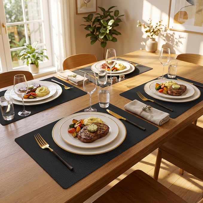 Romanstile Vinyl Placemats Set of 4-12 X 17 Inch - Faux Leather 100% Waterproof Wipeable Anti Slip Place Mats, Heat Resistant Reversible PU Table Mats for Kitchen Dining Party Outdoor, Black