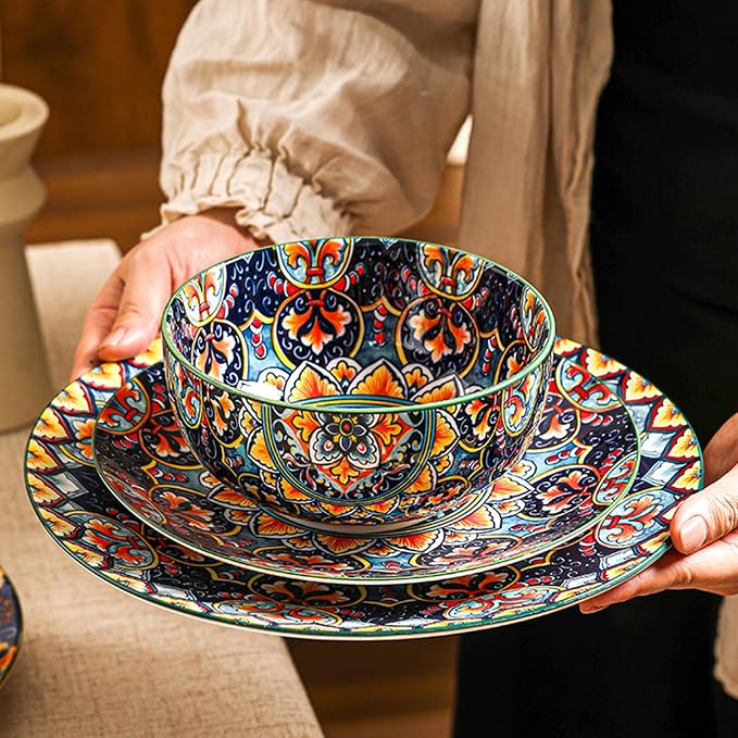 12-Piece Bohemian Porcelain Dinnerware Set for 4, Colorful Plates & Bowls | Ceramic Dish Set for Kitchen, Scratch Resistant, Microwave & Dishwasher, Decorative Tableware for Wall Decor & Housewarming