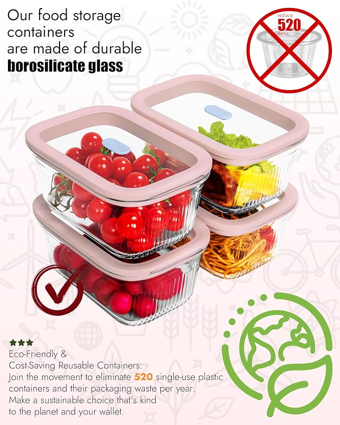 Airtight Glass Food Storage Containers with Tempered Glass Lids, 4.6 Cup (37.2oz) for Meal Prep, Oven & Microwave Safe, Leak Proof, Stackable, Non-Slip Grip, 4 Container Set