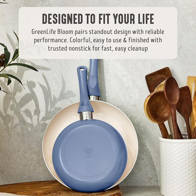 GreenLife 2 Piece (8" & 10") Ceramic Nonstick Skillet Set, Slate Blue | PFAS-Free Nonstick Coating, Frying Pans, Omelet Pans, Everyday Pan, Induction Ready, All Stovetop Compatible, Dishwasher Safe