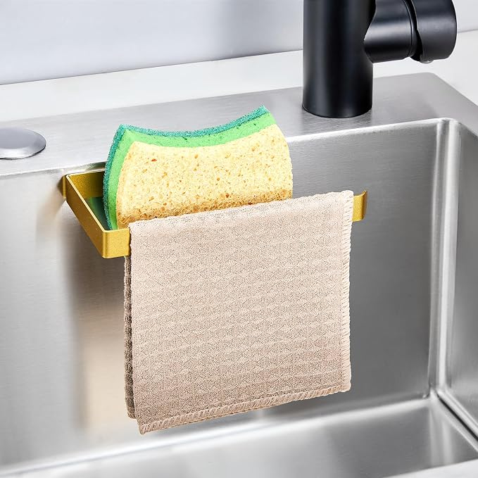 Sponge and Dish Cloth Holder for Kitchen Sink, 2 in 1 Adhesive Sink Dish Sponge Holder, Sinks Caddy Organizer Rack for Storage Sponges Scrubber Glove and Brush, Gold
