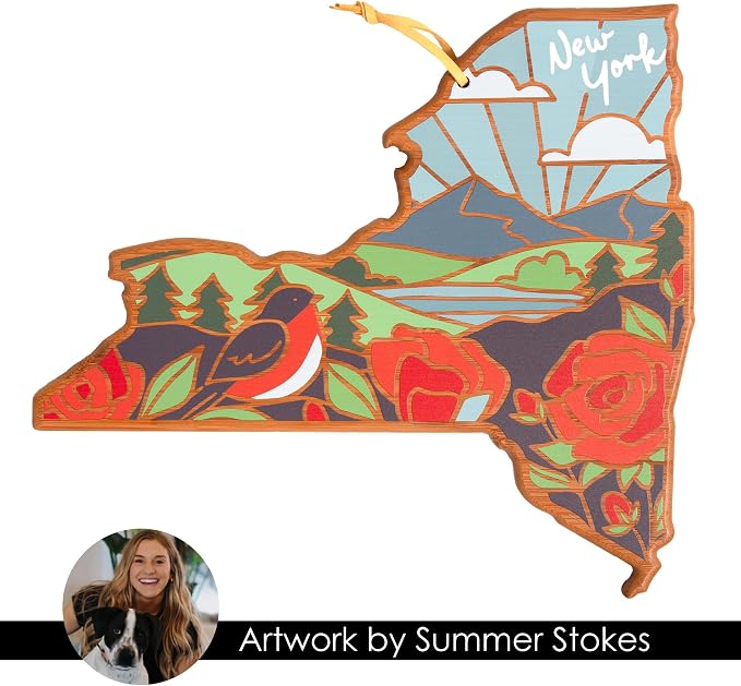 Totally Bamboo New York State Shaped Cutting Board, Summer Stokes Art | State charcuterie board with colorful hand-drawn landscape art. Smooth reverse side for food prep. Hang tie for wall display.