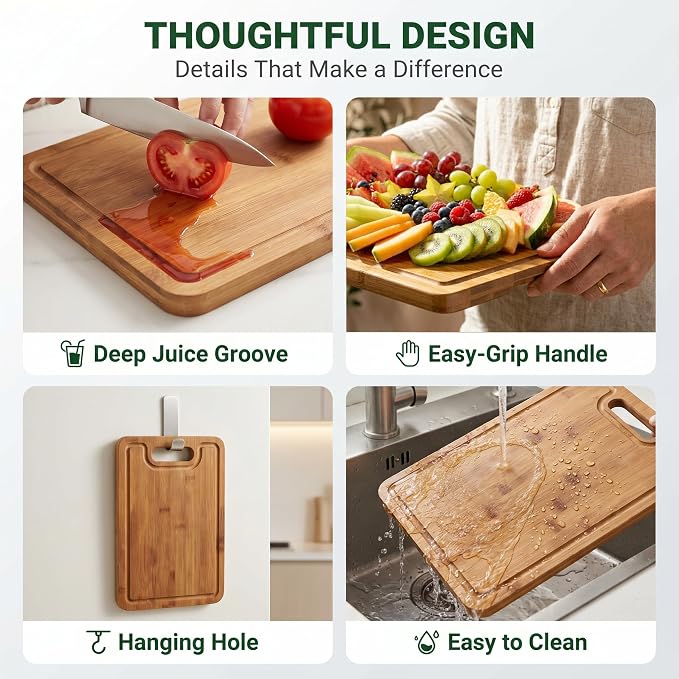 Bamboo Cutting Board Set with Holder, 3 Piece Carbonized Wood Chopping Boards for Kitchen, Charcuterie Board & Serving Tray with Juice Groove, Kitchen Gift Set with Gift Box for Housewarming
