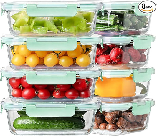 8-Pack 36oz Large Glass Meal Prep Containers with Leakproof Snap-Lock Lids | Borosilicate Glass Food Storage Containers and Bento Boxes , BPA-Free, Oven, Freezer and Dishwasher Safe-Light Blue