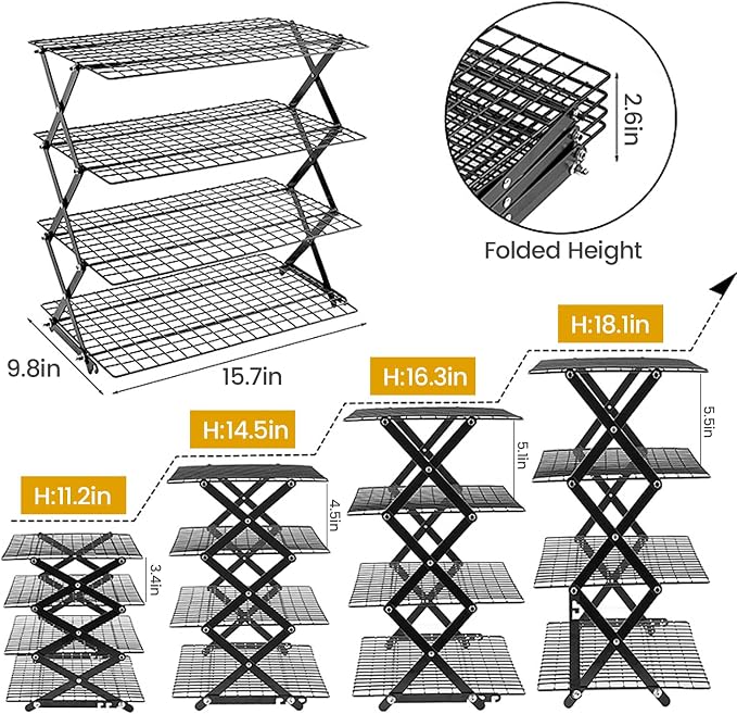4-Tier Upgraded Collapsible Cooling Rack with Adjustable Setting Design,Cooking Drying Wire Cooling Rack for Baking, Cookies, Cake, Roasting, Grilling