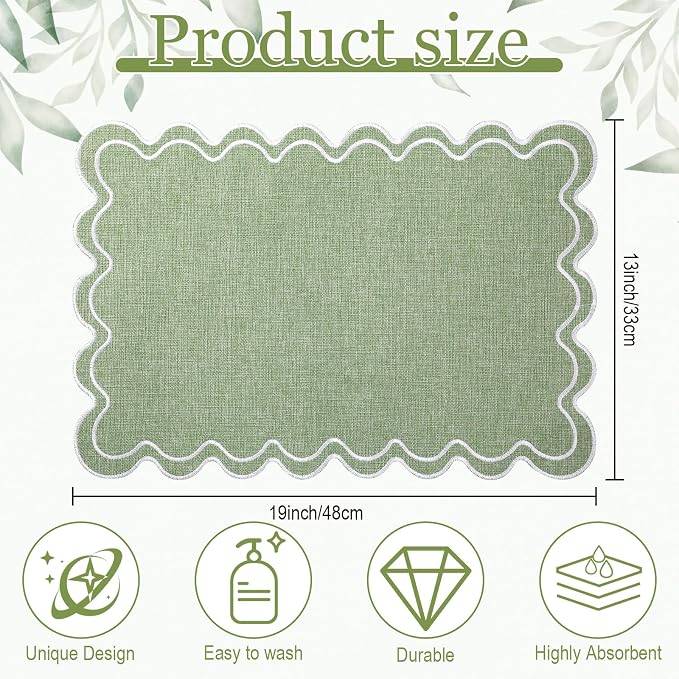 HunnmingRe Sage Green with White Set of 6 Cotton Linen Wedding Placemats, 13x19 Inch Scalloped Wavy Embroidery Placemat Double Layered Washable Rustic Rectangle Dinner Table Mat for Home Decor