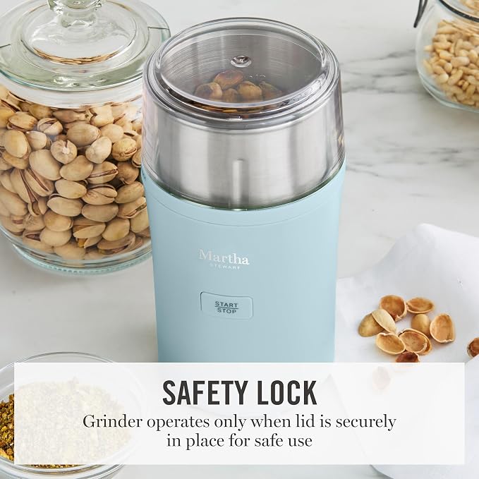 Martha Stewart Electric Coffee & Spice Grinder with Dual Bowls, Sky Blue | Dual 2.5oz Removable Bowls for Coffee Beans, Nuts, Herbs & Spices, Stainless Steel Blade, One-Touch Pulse Control, Easy Clean