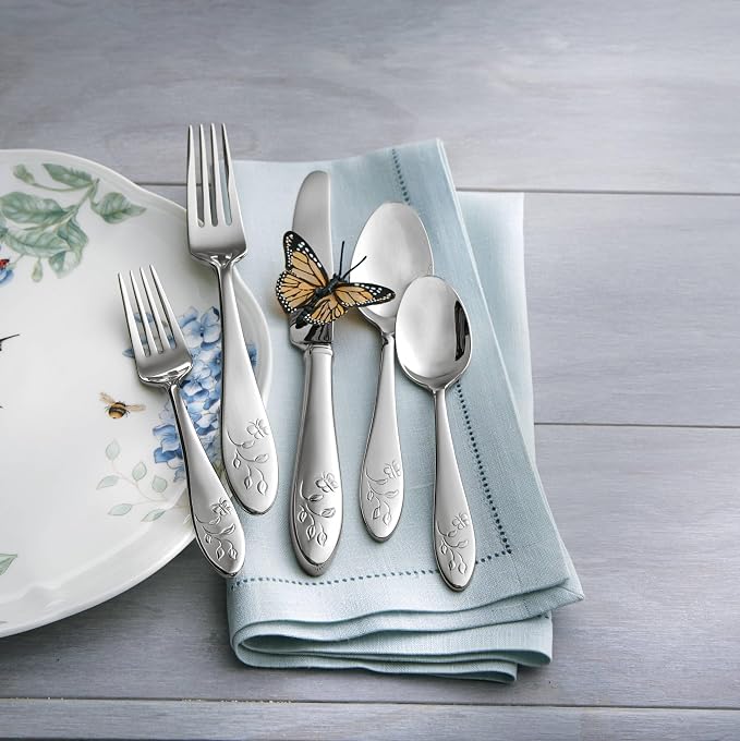 Lenox Butterfly Meadow 65-Piece 18/10 Silverware Set for 12, Flatware | silver, dishwasher safe | includes serving spoons and utensil set | heavy duty, cutlery set for kitchen and dining