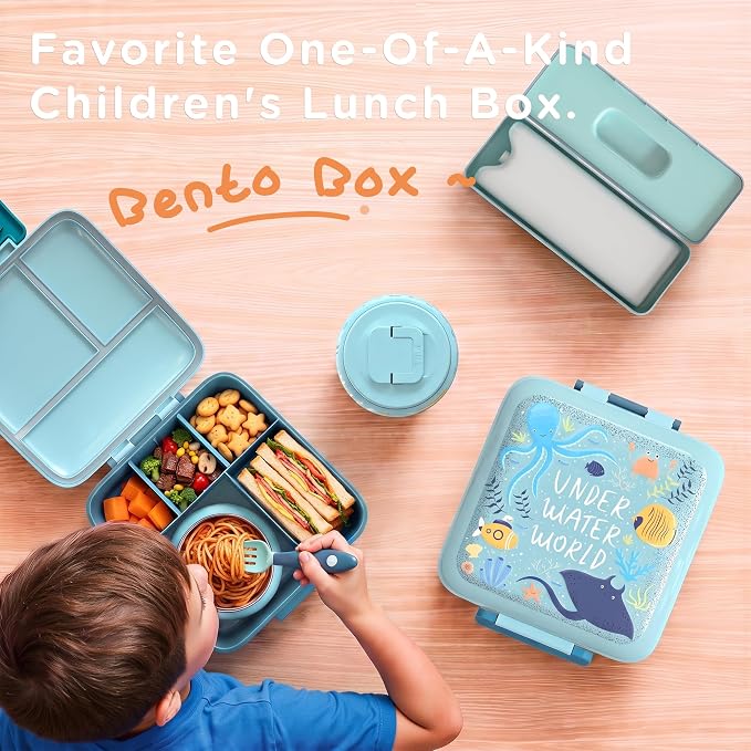 JXXM Bento Lunch Box for Kids with 8oz Soup Thermo,Leak-Proof Lunch Containers with 5 Compartment,Thermo Food Jar Food Containers for School (Blue-Octopus)
