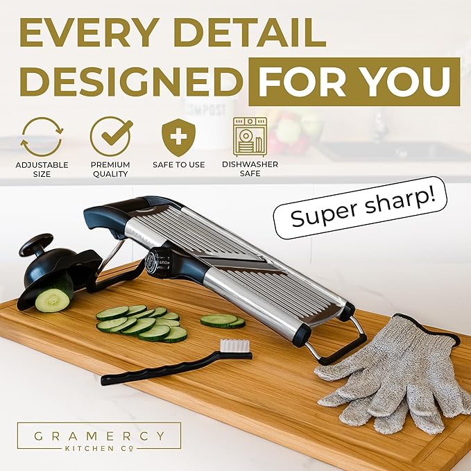 Gramercy Adjustable Mandoline Food Slicer, Mandoline Slicer for Kitchen, Mandolin, Potato, Tomato, Carrot, Vegetable, Fruit and Onion Cutter, Stainless Steel, INCLUDING Cut-Resistant Gloves, Black PRO