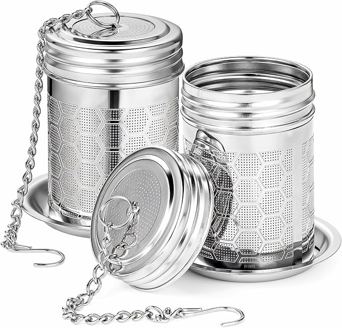 2 Pack Tea Infusers For Loose Tea, 304 Stainless Steel, 2 Inch | Fine Mesh Filter, Threaded Lid, Chain Hook, Drip Trays, Fits Most Mugs And Teapots, Dishwasher Safe