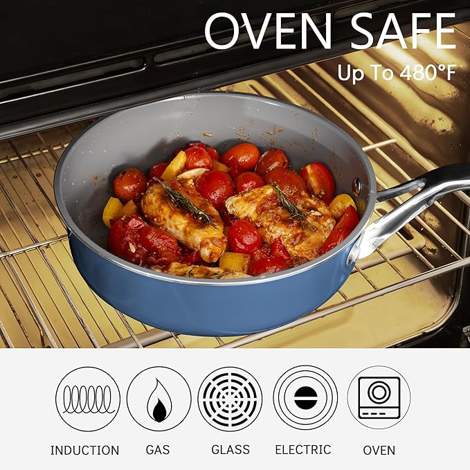 10-in-1 Blue Ceramic Nonstick Deep Saute Pan Set With Steamer & Lid, 4QT | PFAS-free frying pan.non-toxic. Induction ready. Oven safe to 480°F. Cool-touch handle. Dishwasher safe. Perfect for RVs!