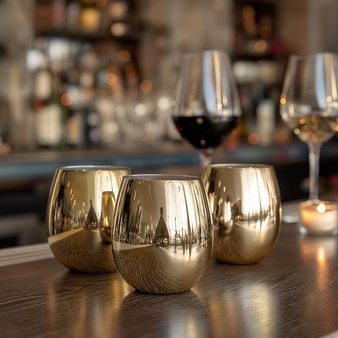 K&K Home Gold Stainless Steel Unbreakable Gold Stemless Wine Glasses - 15 oz - Set of 4 Colored, Stemless Metal Wine Glasses Perfect for Outdoors, Weddings, and Parties