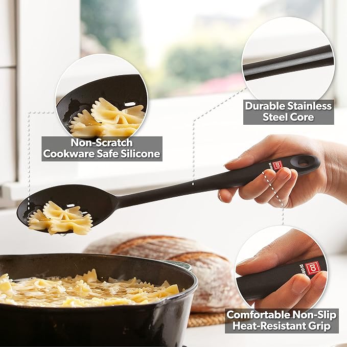 DI ORO Silicone Cooking Spoons - Solid & Slotted Set, 2-Pc Black | Large heads for mixing, serving, and stirring; Heat-resistant to 600F for nonstick cookware; BPA-free and dishwasher safe