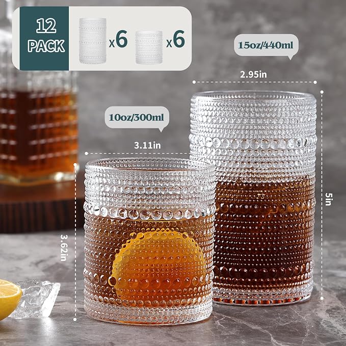 Moretoes Vintage Hobnail Drinking Glasses Set of 12 | 15 Oz Highball Glasses & 10 Oz Cocktail Glasses, Glass Cups Kitchen Bar Tumbler Glassware Set for Whiskey, Beer, Juice, Milk