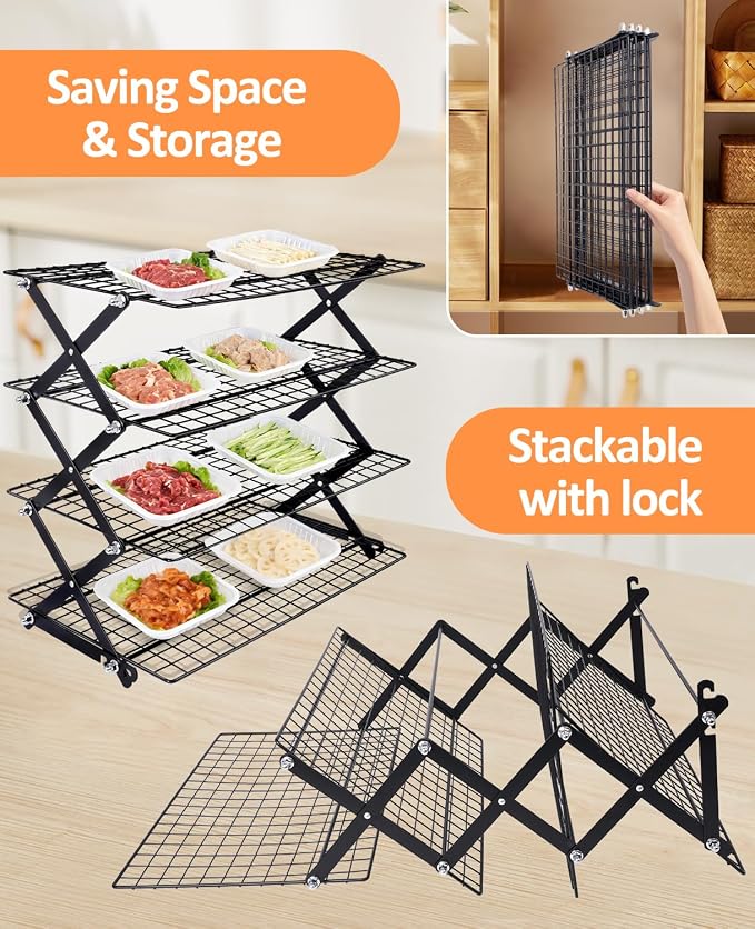 4 Tier Collapsible Cooling Rack, 2/3/4-Tier Upgraded,Adjustable ＆ Stackable Baking Rack, 5 Modes Cooling Racks for Cooking and Baking, Roasting ＆ Grilling Gifts for Picnic Party