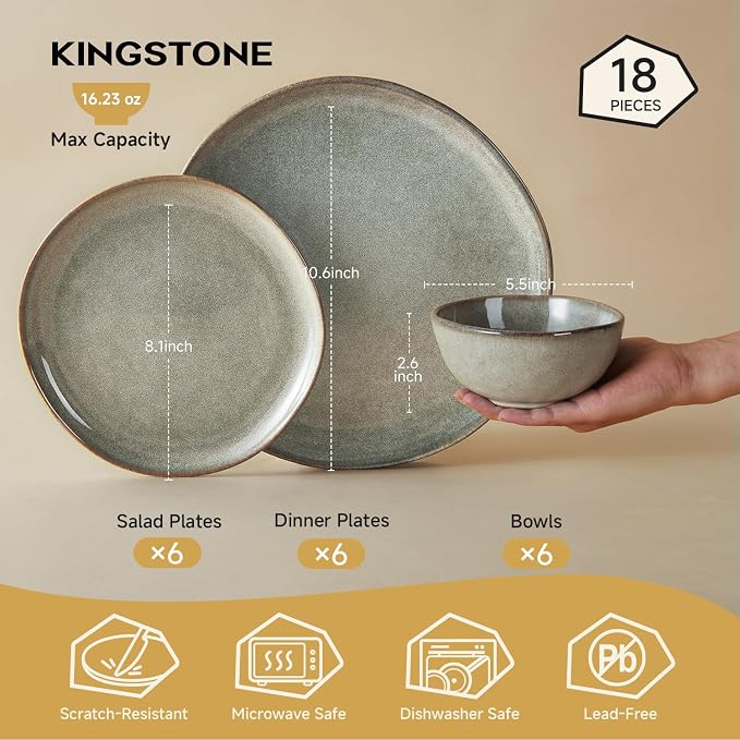 Stoneware Dinnerware Sets for 6, Reactive Glaze Plates and Bowls, Grey | 18-Piece Handcrafted Rustic Porcelain Dishes Set, Highly Scratch Resistant, Dishwasher & Microwave Safe