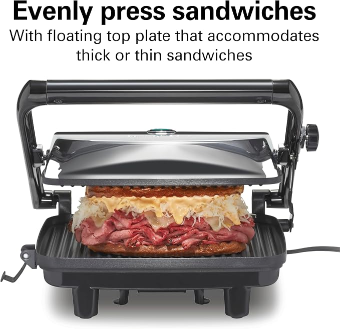 Hamilton Beach Panini Press, Sandwich Maker & Electric Indoor Grill | Floating Hinge Evenly Cooks Any Sandwich | Locking Lid | PFAS-Free Non-Stick 8" x 10" Grids | Chrome
